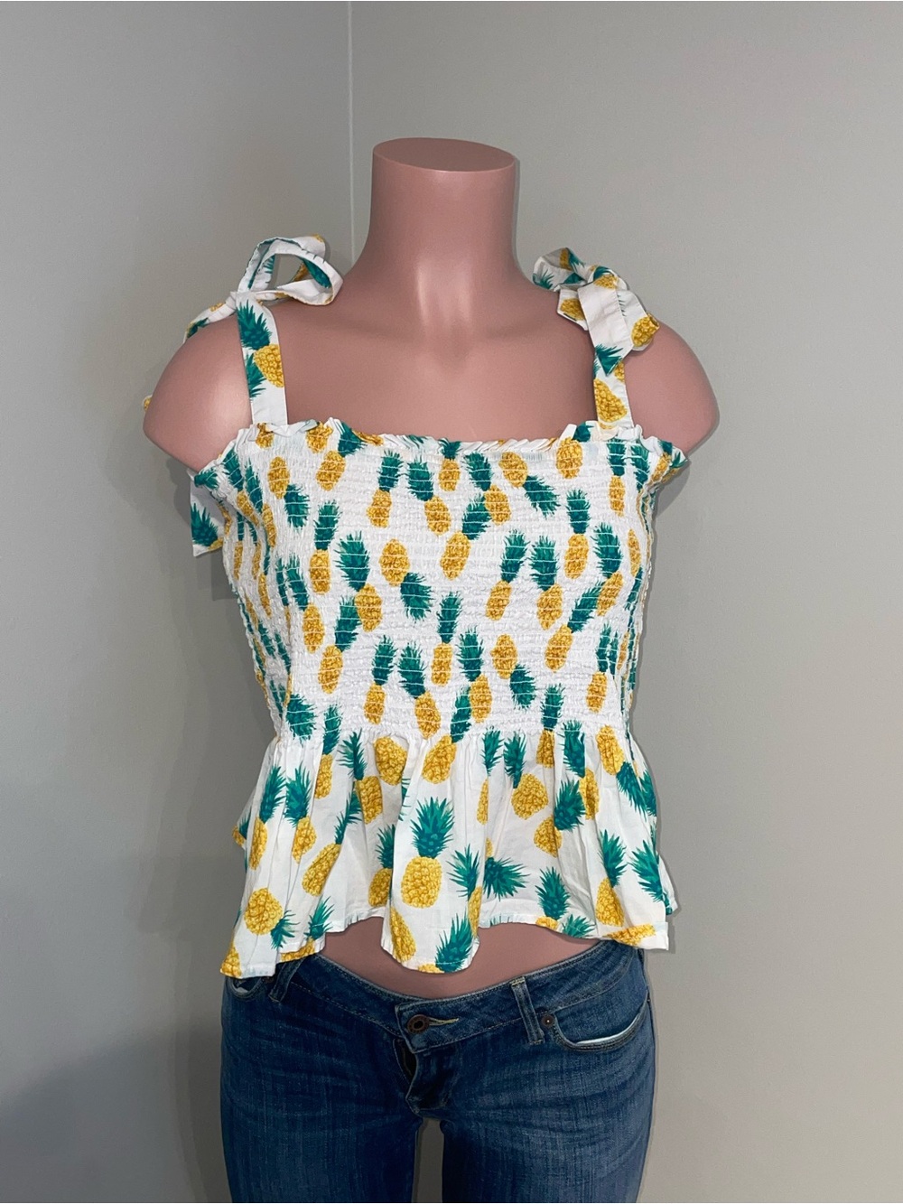 J. Crew Smocked tie-shoulder tank top. Pineapple. XL